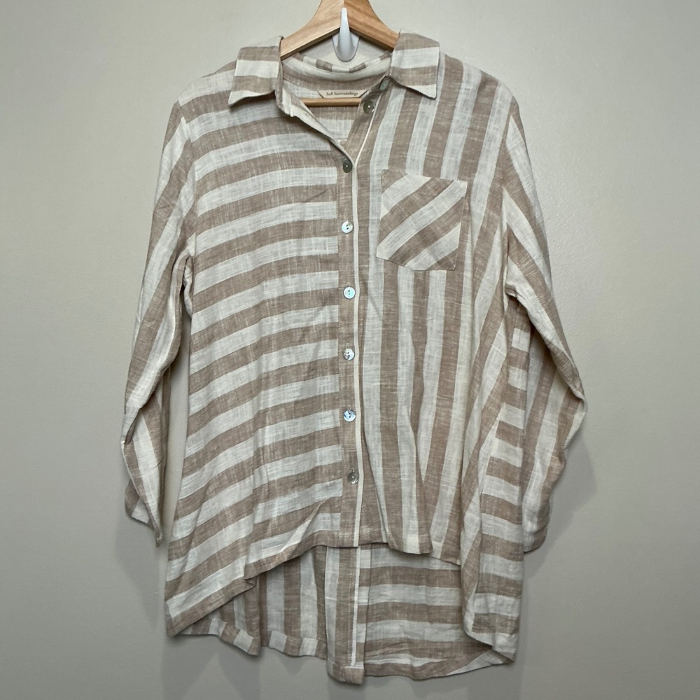 Soft Surroundings Camina Linen Blend Tunic Blouse Beige Stripe Zip Back EUC